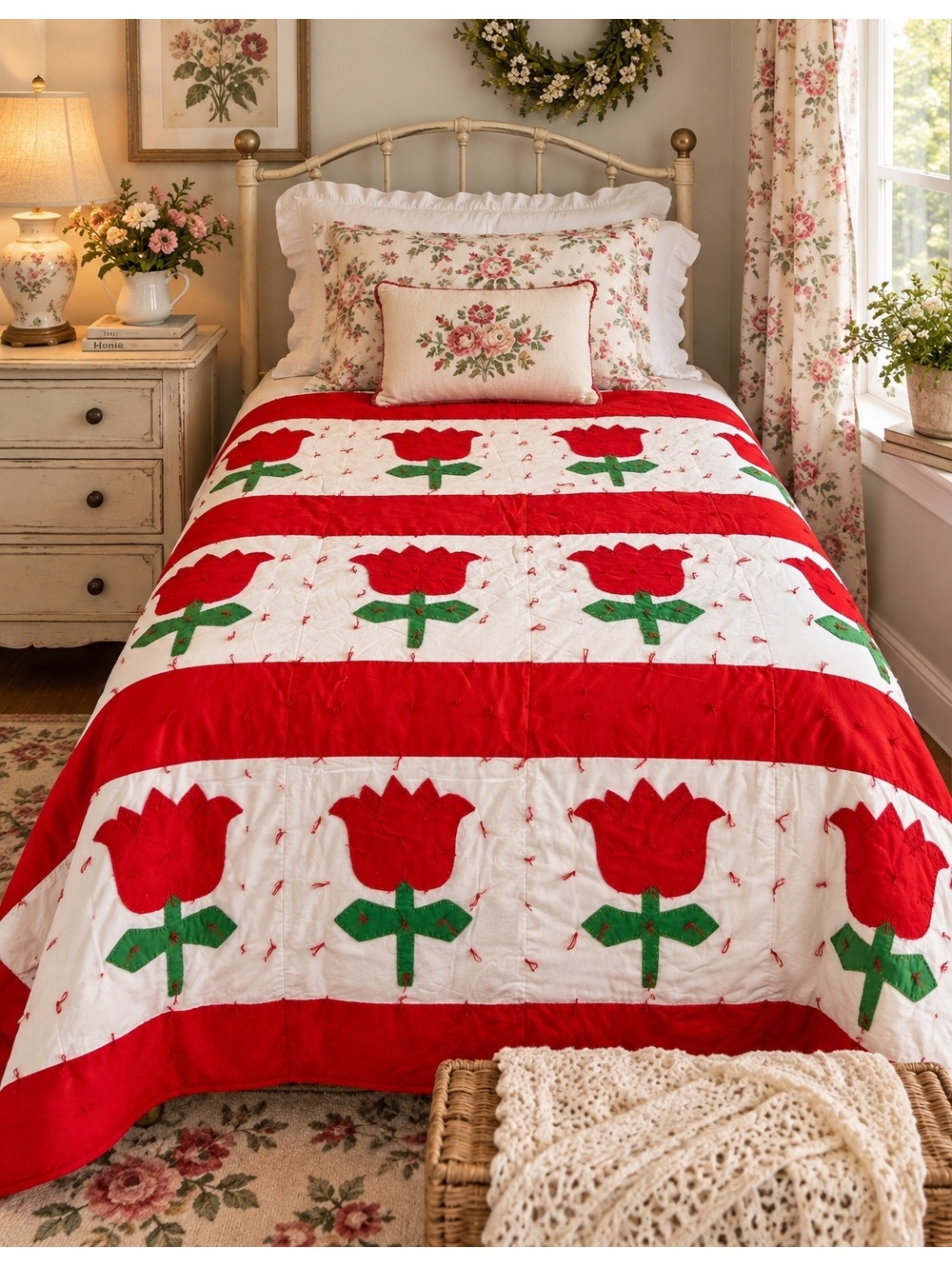 Vintage Handmade Hand Sewn Red White Tulip Quilt 62x80 Cottagecore (Cp20/tb1)